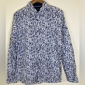 Belle Street Blue White Leaf Print Button Up Shirt Men’s Medium 100% Cotton
